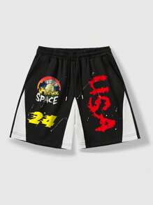 ROMWE MEN Street Life Men's Street Contrast Color Letter Print Casual Shorts - Black and White - View 1