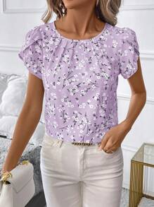 SHEIN Clasi Women's Vacation Round Neck Pleated Country Ditsy Floral Bud Short Sleeve Shirt - Mauve Purple - View 5