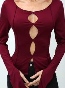 W-SY2503 Women Openwork Blouse, 210 Mulberry Silk Fall Cloth For Women - Burgundy - View 3