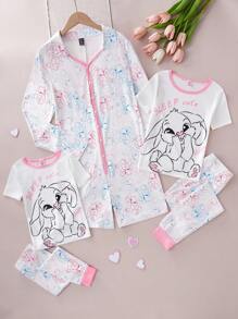 2 件装少女可爱害羞兔耳朵遮嘴图案印花短袖打底裤家居服套装 - 白色 - 查看 1