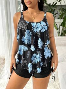Swim Lushoire 1 Set Plus Size Women Tropical Flower Print Spaghetti Strap Tankini Modest Swimwear, Conservative Style Slimming Two Pieces Beach Wear For Summer Beach Vacation