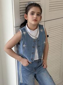 青少年女孩时尚优雅甜美酷炫 Y2K 漂白蓝色重磅星星铆钉宽松牛仔夹克和背心 - 淺色水洗藍 - 查看 4