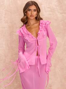 SHEIN BAE 2pcs/Set Women's Elegant Ruffled Tie Front Long Sleeve Chiffon Blouse And Extra Long Skirt, Suitable For Valentine's Day, Party, Romantic Date, Bridesmaid, Ball Gown, Office Commute, Pink Chiffon, Beach Vacation - Pink - View 4