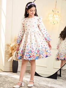 SHEIN Tween Girl Floral Print Knit Round Neck Loose Elegant Dress - White - View 5