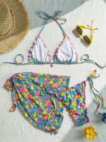 Swim Mod 3pcs Set Random Print Halter Top With Unlined Bikini Crop Top And Wrap Mini Skirt Women Beach Swimwears Cute Summer Outfits