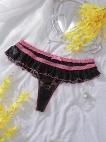 PetitDoll 曲线花卉蕾丝褶边蝴蝶结大码内裤，黑色和粉色 - 黑色 - 查看 6