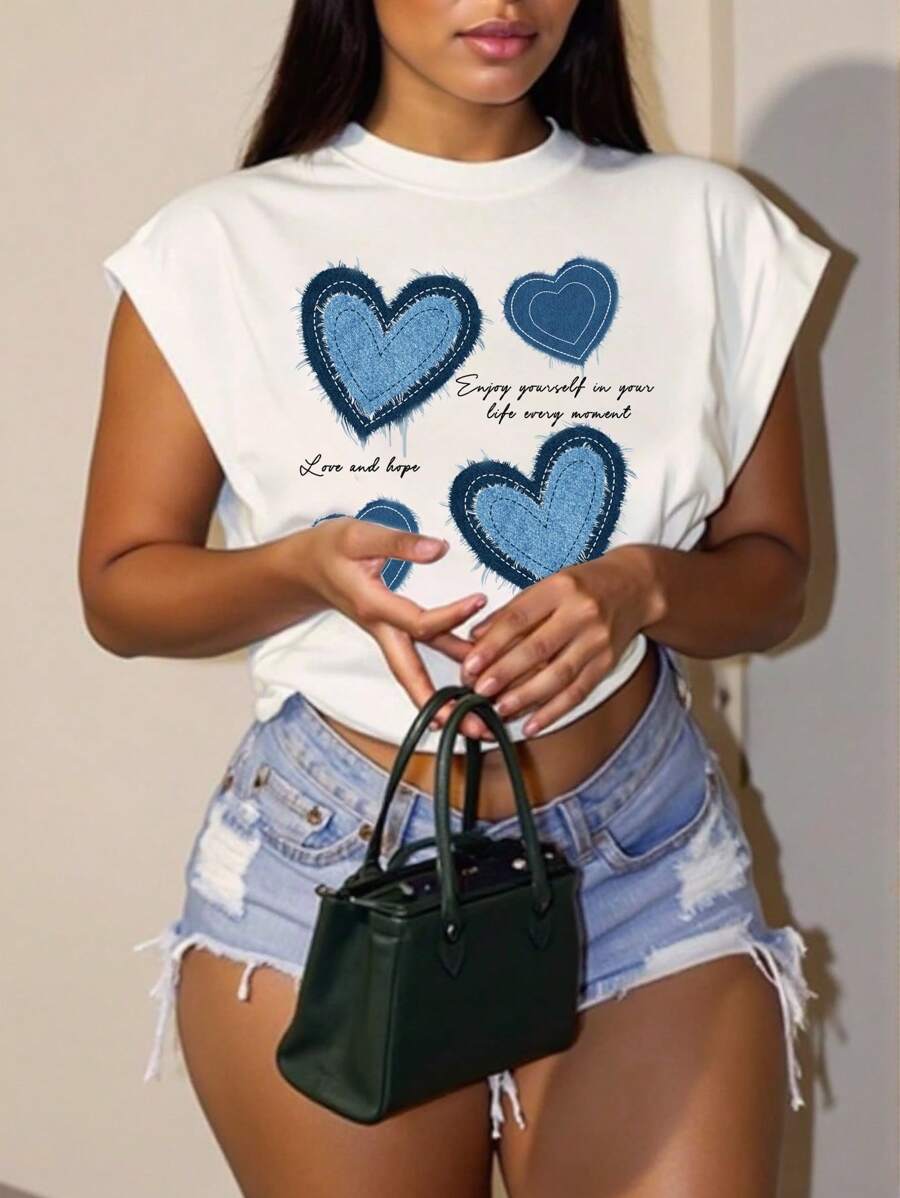 Slaydiva 休闲简约百搭心形和字母牛仔效果印花加大码 T 恤，略微透明，适合夏季