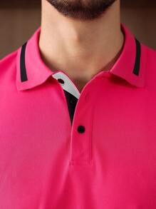 Manfinity Homme Men's Casual Simple Colorblock Short Sleeve Polo Shirt, Hot Pink Shirt Men - Hot Pink - View 3