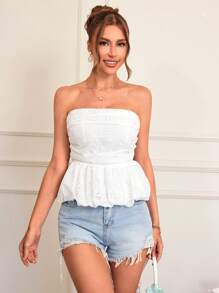 SHEIN VCAY Women's Off-Shoulder Ruched Babydoll Top, White Butterfly Back Design, Suitable For Wedding Season, Spring/Summer - White - View 5