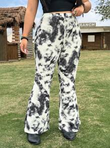 SHEIN EZwear Plus Size Women's Tie-Dye Print Casual Elastic Flare Pants, Spring/Summer - Black - View 4