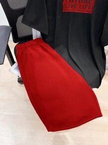 SHEIN 2pcsTeenboy Casual Versatile Comfortable Cost-Effective Casual Monogrammed Crew Neck T-Shirt And Gym Shorts Set;Suitable For Spring, Suitable For Spring/Summer Outing, Spring - Red - View 5