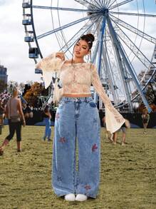 Breezaya Plus Size Women Loose Embroidered Snowflake Print Straight Leg Jeans - Blue - View 5