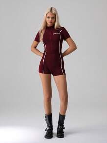 SHEIN Unity Zippered Contrast Trim Printed Bodycon Romper - Burgundy - View 4
