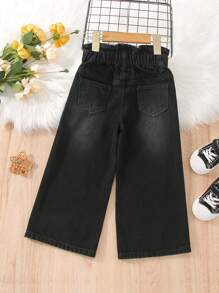 SHEIN Young Girl Casual Boho Holiday Paperback Waist Flat Pockets Mom Jeans With Button Front, Daily Summer Holiday - Black - View 2