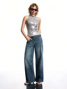 LYSMO Women's Bodycon Cropped Halter Camisole Tank Top - Grey - View 4