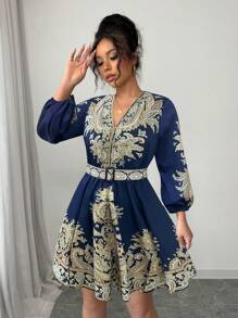 Rafferiza 女式复古印花长袖系带收腰迷你连衣裙，优雅宫廷风 - 藏蓝色 - 查看 4