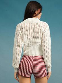 WESTFADE Western Coastal Cowgirl Mixed Stitch Open Pointelle & Rib Knit V Neck Button Front Long Sleeve Cropped Summer Cardigan Sweater Spring Break Beach Vacation - White - View 5