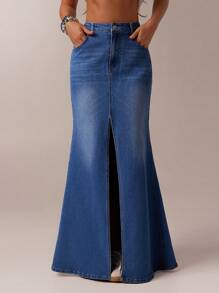 Forever 21 Autumn/Winter New Vintage Washed Personalized Casual Low Waist Fish-Tail Slit Skirt - Royal Blue - View 1