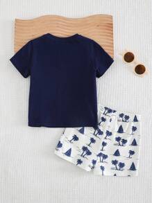 Cozy Pixies 2 Stücke Baby Jungen Set aus Cartoon Kokosnussbaum Muster Strickpullover mit Rundhalsausschnitt und kurzem Arm sowie Shorts mit Gummizug für den Sommer - Verschiedenfarbig - Übersicht 2