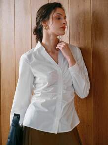Uhlyne Uhlyne Women's Casual & Commuter Woven Long Sleeve Collared V-Neck Pleated Fitted Blouse Fall Cloth For Women - White - View 7