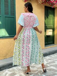 SHEIN Clasi Fashionable V-Neck Ruffle Puff Sleeve Vacation French Style Dress - Multicolor - View 2