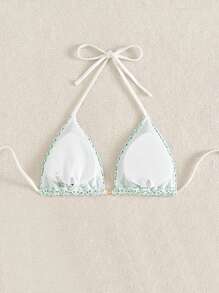 Swim Mod Women Texture Halter Triangle Bikini Top, Summer Beach - Green - View 2