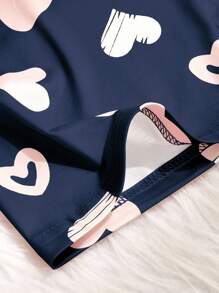 SHEIN Bộ đồ ngủ 2 món in hình trái tim và chữ cho bé gái tuổi teen ngày lễ tình nhân và quần ngắn tay thoải mái - Màu xanh hải quân - Xem 5