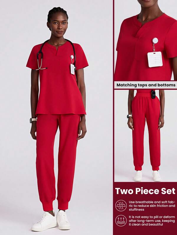 Scrubzie Nursing Uniform Set, Short Sleeve Top And Pants, Minimalist & Fashionable, Suitable For Summer Woman Scrub Set Nurse Beauty Salon Workwear Clinical Scrubs Top Pants Sets Spa Doctor Nursing Clinical Suit Running Nurse & Uniform Scrubs Handwashing Pocketed Breathable Brushed Clothing Set Scrub Stretchable Athletic Workwear With Pockets Scrub Top And Pants Set Women's Scrub Set: Notch V-Neck Tuck In Top & Straight Leg Pants Essential Jogger Scrub Set Nursing Uniform Stretch Top & Drawstring Cargo Pants