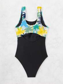 Swim SPRTY 1pc Women Palm Tree Print Round Neck One-Piece Swimsuit, Suitable For Vacation - Multicolor - View 3