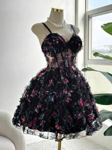 Flirla Đầm lưới in họa tiết gợn sóng cỡ lớn gợi cảm hàng ngày thanh lịch cho nữ - màu đen - Xem 3