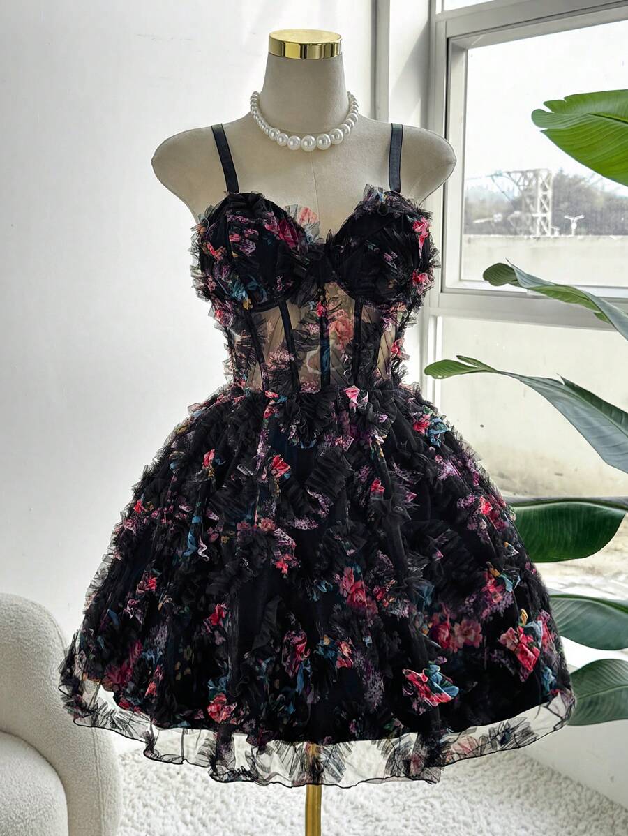 Flirla Đầm lưới in họa tiết gợn sóng cỡ lớn gợi cảm hàng ngày thanh lịch cho nữ - màu đen - Xem 1