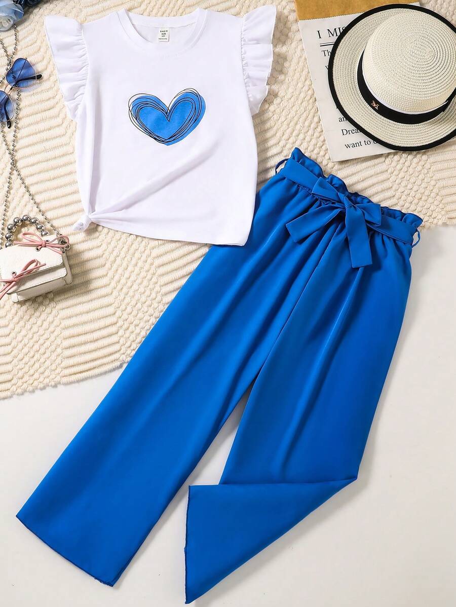 SHEIN Conjunto de 2 piezas de top de manga corta con estampado de corazón y pantalones para niñas preadolescentes - Azul - Ver 1