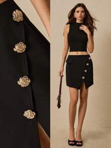 Poéselle Women's Elegant Metal Decor Wrap Slit Skirt For Work - Black - View 4