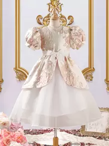 青少年女孩泡泡袖提花 3D 花卉欧根纱公主裙，优雅适合派对场合 - 彩色 - 查看 1