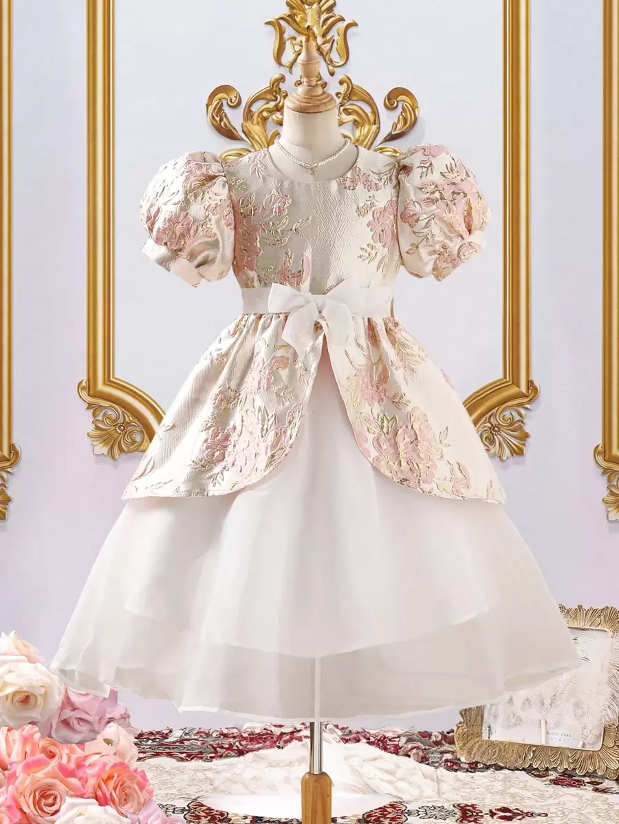 青少年女孩泡泡袖提花 3D 花卉欧根纱公主裙,优雅适合派对场合 - 彩色 - 查看 1