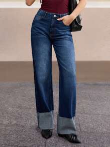 EURMUSE 100% 纯棉宽松牛仔裤，休闲时尚，适合夏季 - 中等水洗藍 - 查看 2