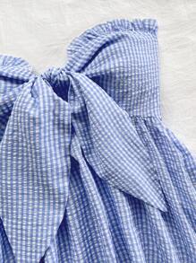 Soleia Nueva blusa sin tirantes con volantes en el dobladillo y lazo delantero a cuadros, azul y blanco, estilo vacacional