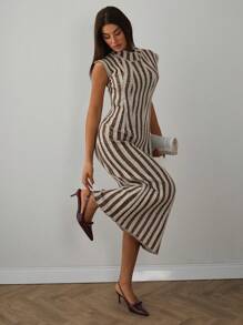EURMUSE Casual Mock Turtle Neck Rib Knit Maxi Sleeveless Sweater Dress Fall Women Clothes Modest Old Money Striped Knit Maxi Dress - Multicolor - View 4