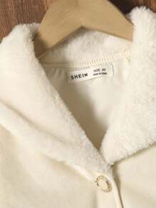 SHEIN Vintaside Kids 年轻女孩都市优雅毛绒面料 + 毛茸茸的衬里大领大衣，配有金属纽扣装饰和腰部蝴蝶结装饰，厚实保暖中长款，适合秋冬季 - 米色 - 查看 3