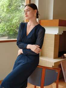 Uhlyne Women's V-Neck Chiffon Splicing Ruched Puff Long Sleeve Belted Buttoned Mid-Calf Lining Dress Fall Cloth For Women - Navy Blue - View 4