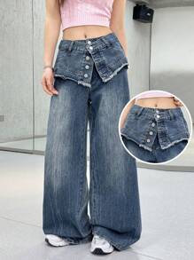 SHEIN EZwear 女式低腰宽松阔腿牛仔裤，夏季女式，低腰宽松牛仔裤，伊比沙岛，狂欢，破洞牛仔裤，狂欢牛仔裤，狂欢，女士休闲牛仔裤 - 中等水洗藍 - 查看 1