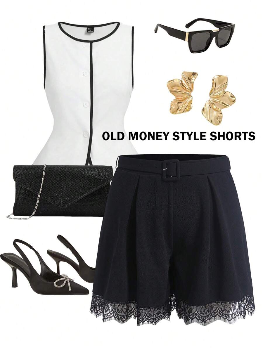 Ellevyn Curvy Plus Size Women's Black Simple Solid Color Casual Shorts With Lace Decoration For Summer,Shorts,Shorts For Women,Summer Shorts,High Waisted Shorts,High Waisted Shorts,Summer Outfits For Women,Vacation Outfits Woman,Summer Clothes,Business Casual Woman,Going Out ,Office Outfits For Women,Work Clothes Women,Old Money Style Women,Going Out Outfits - Black - View 1