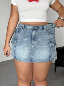Dripcurv Plus Size Utility Denim Skirt With Pockets