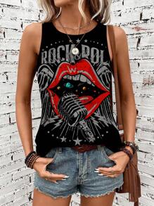 SHEIN LUNE ROCK Casual Rapper Letter Graphic Round Neck Tank Top For Women, Suitable For Summer - Black - View 3