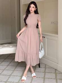 Vestido elegante y minimalista de unicolor con mangas abullonadas, vestido de cóctel de verano, vestido casual para mujer - Rosa Pálido - Ver 5