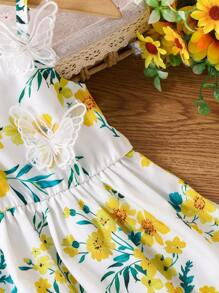 SHEIN Playful Pals Baby Girl Cute Ditsy Floral Strap Chiffon Ruffle Dress, Summer 2024 New - White - View 6