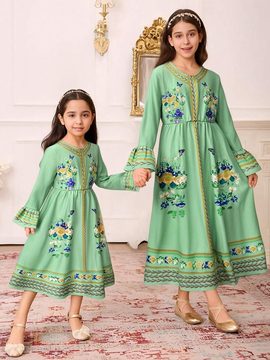 SHEIN 女孩兄弟姐妹装 3 件套：几何花卉印花短袖衬衫、腰部配饰和宽松中长连衣裙。适合户外拍照和日常穿着（3 件单独出售）