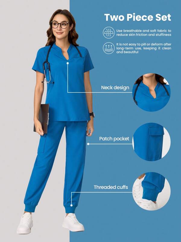 Scrubzie Costum de birou confortabil, cu mânecă scurtă, culoare solidă, top și pantaloni, costum de birou confortabil, costum de femeie, uniforme medicale, seturi de uniforme medicale pentru femei, seturi de uniforme medicale pentru femei, seturi de uniforme medicale esențiale pentru femei, set de uniforme de jogging, uniformă de asistentă medicală, top elastic cu decolteu în V și pantaloni cargo cu șnur, top crestat cu decolteu în V și pantaloni drepți cu șnur.