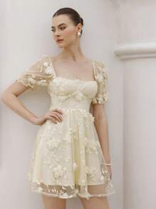 Aveloria Rosie Elegant Vacation Detailed 3D Floral Embroidery Mesh Fabric Square Neck Puff Sleeve A-Line Mini Dress For Women Boho Beach FashionableStyle  For Summer