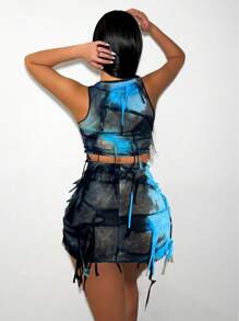 Zolique Tie Dye Fringe Design Slim Fit Vest And Skirt Set For New Year Clothes - Multicolor - View 2